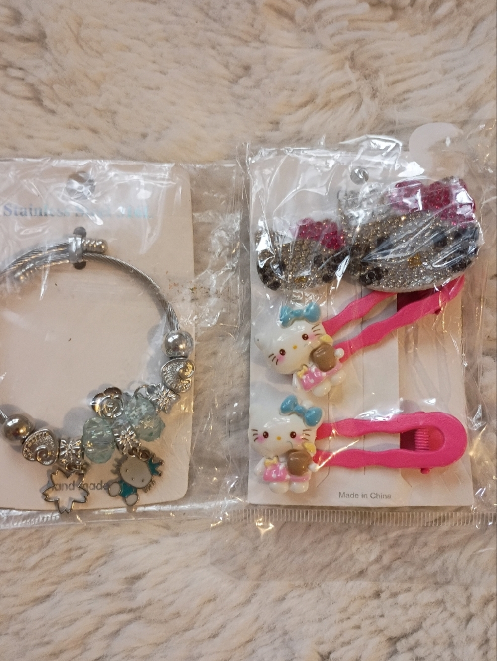 Hello Kitty Inspired Silver Bracelet/Hair Clips